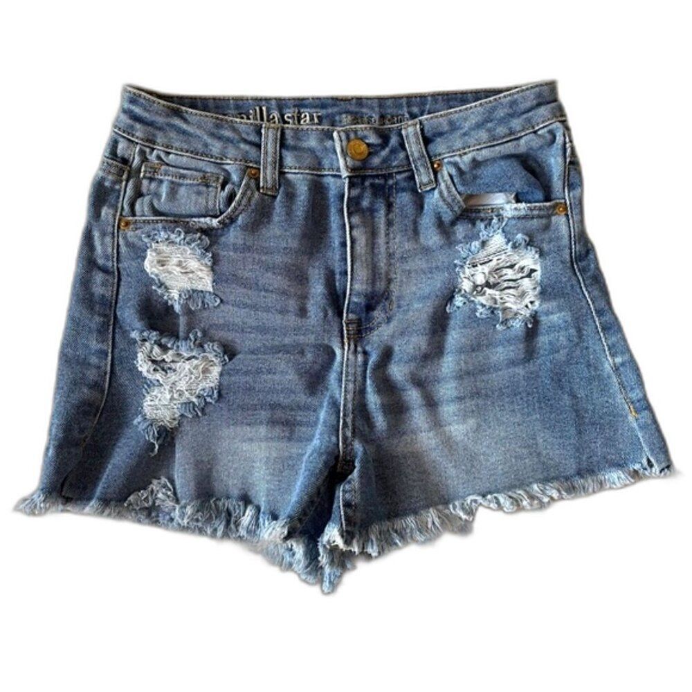 Vanilla Star Shorts SZ 26/3 High Rise Shortie Blue Distressed Medium Wash Denim